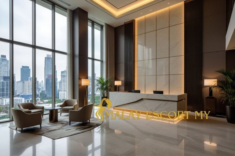 Luxury hotel lobby with modern design, marble floors, and city view through large windows.