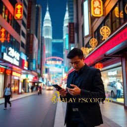 Man on street in Kuala Lumpur, with Petronas Towers in background, looking at phone.