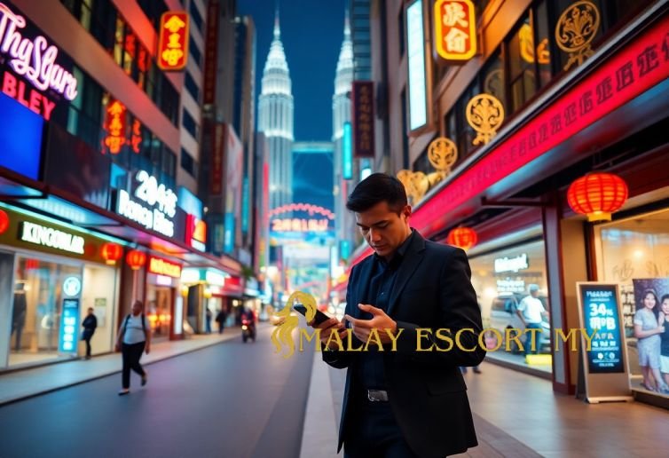 Man on street in Kuala Lumpur, with Petronas Towers in background, looking at phone.