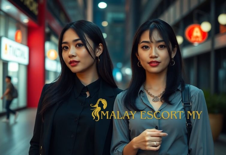 Two Asian women in business attire stand on a city street with shops in the background.