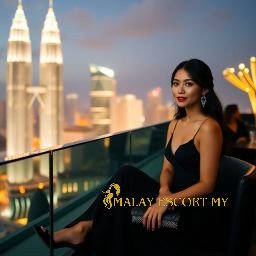 Woman in black dress at rooftop bar with city skyline view