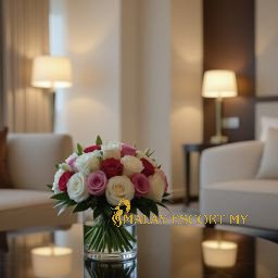 Elegant rose bouquet on a glossy table in a luxurious hotel room.